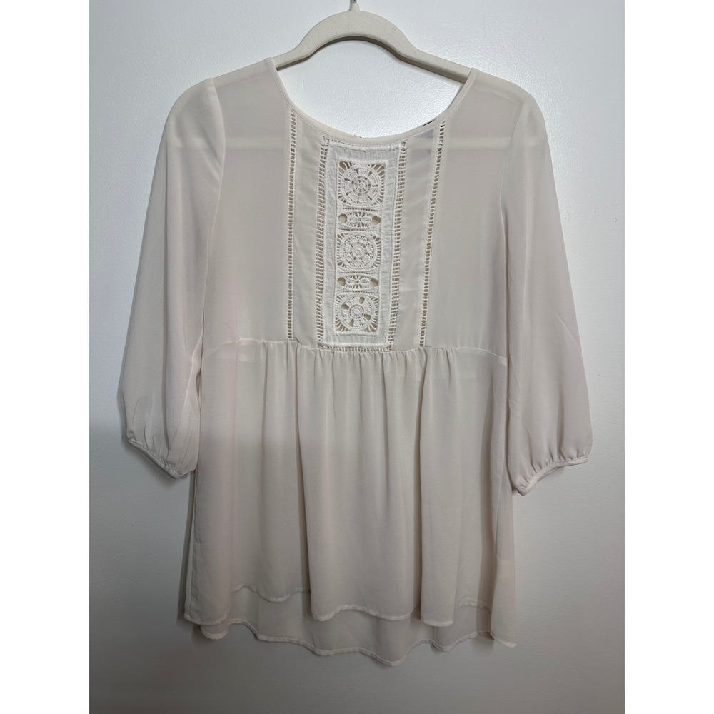 Monteau Cream Crochet Lace Babydoll Blouse 3/4 Sleeve Ivory Boho Top Medium